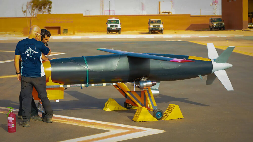 A U.S. Army LUCAS loitering munition launched from a stationary launcher